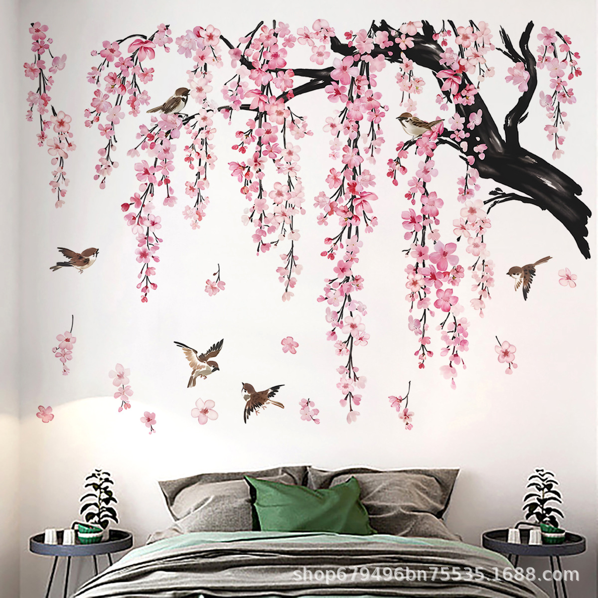 Large Green Plant Leaves Peach Blossom Flower Bird Wall Sticker Bedroom Living Room Sofa Background Decorative Wallpaper Self-Adhesive Sticker