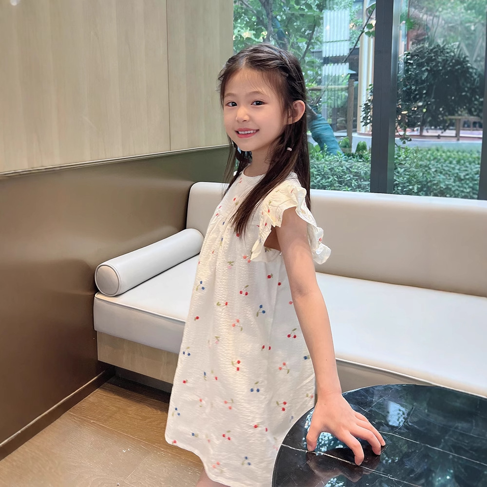 Summer Girls New dress Bubble Cotton Color Cherry Embroidered Small Flying Sleeve Sweet Western Style Skirt