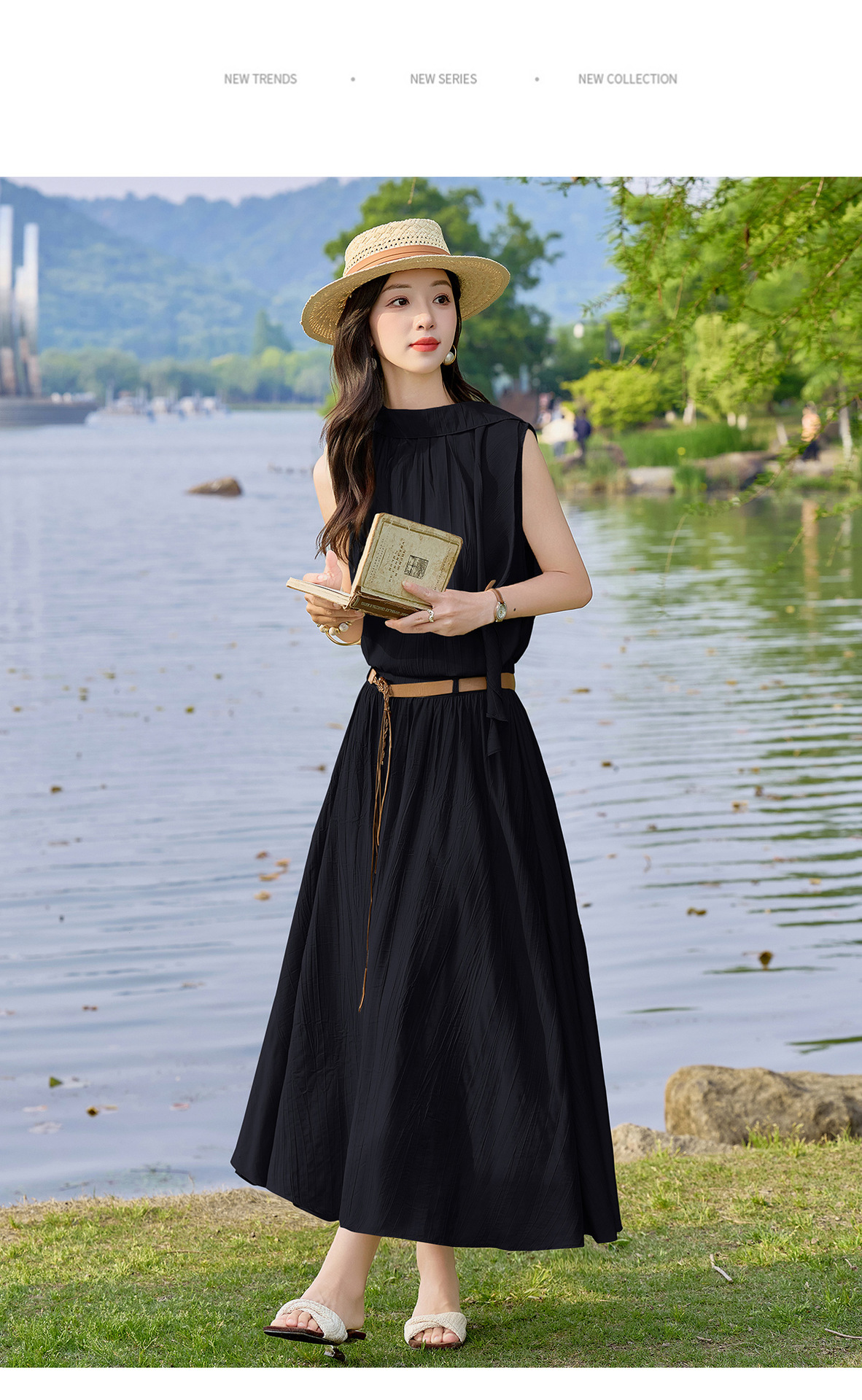 Bộ hai mảnh gồm áo không tay và chân váy midi phong cách thanh lịch — màu đen, màu trắng ngà, xanh lá cây chi tiết 29