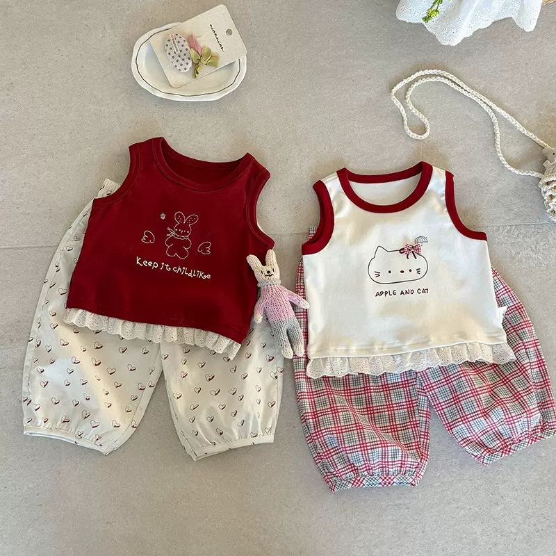 女宝宝花边背心九分裤两件套夏季新款婴幼儿字母卡通上衣套装 a类