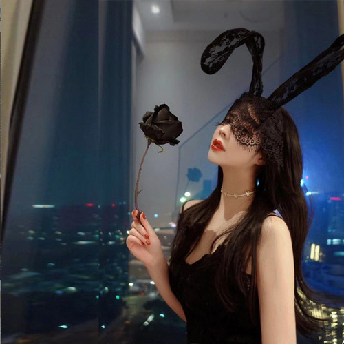 Halloween party costume mask lace face veil cute cat rabbit ear headband hair clip wholesale