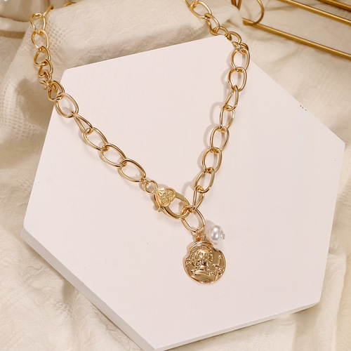 Korean jewelry cross-border European and American retro ring bronze beads multi-layer geometric hexagon circle arrow necklace