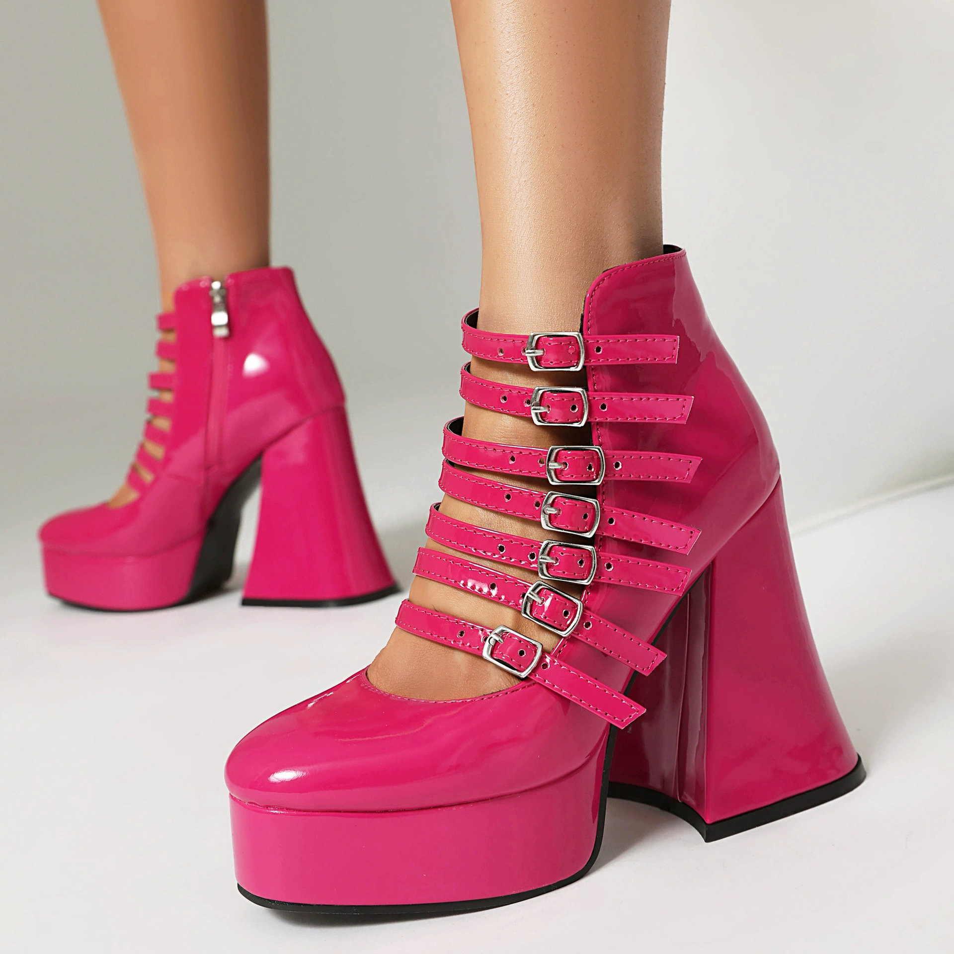 Platform high‑heel patent leather boots, 12 cm heel, microfiber lining, sizes 35–43 (custom)