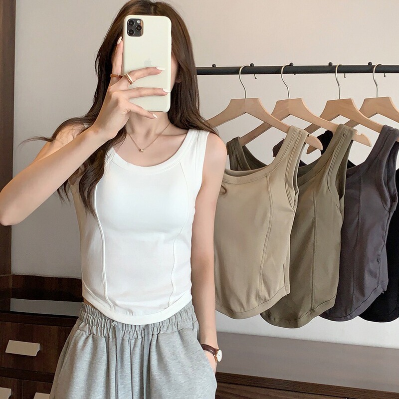 Summer Solid Color Wide-Strap Tank Top for Women, Slim Fit, Flattering Back Design, Built-In Chest Pads, Integrated Fishbone Line Base Shirt