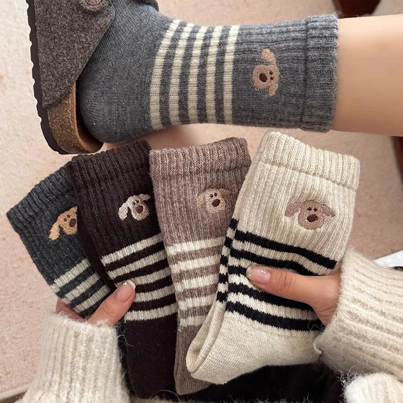 Autumn and Winter New Korean Style Puppy Mid-Calf Socks Thickeneded Warm Cartoon Stripesd Socks Women's High-End Pile Stockings