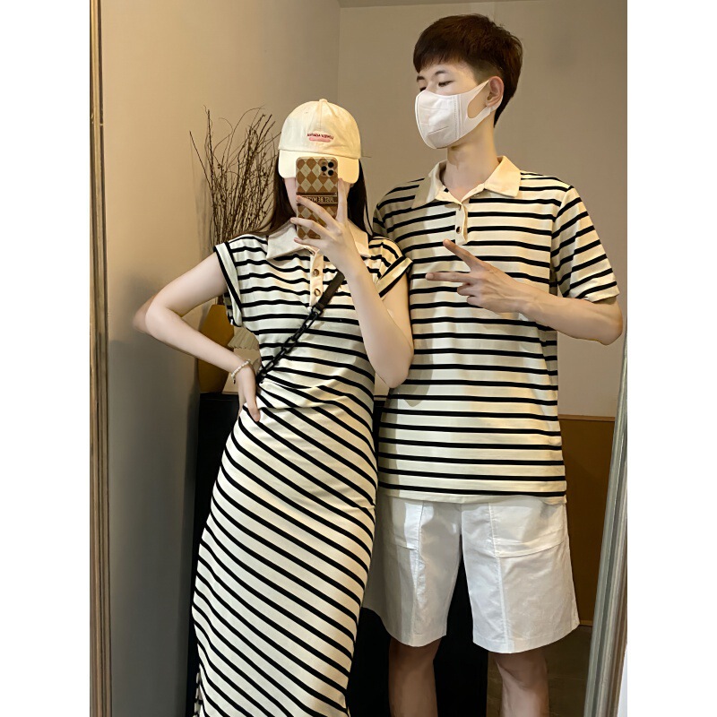 2023 Summer Couple Dress Short Sleeve Black Apricot Striped Women's College My Dress Men's Dress One Dress