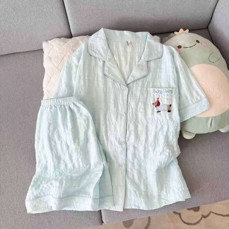 Cross-Border Wholesale Women's Pajamas, Wrinkle-Resistant Cardigan with Turn-Down Collar, Short-Sleeve Shorts, Cartoon Embroidery, Home Wear That Can Be Worn Outside