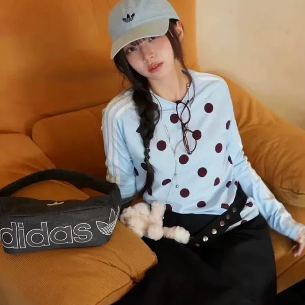 Autumn Women's Sporty Casual Trendy Retro Polka Dot Slim Fit Long Sleeve T-shirt with Round Neck and Fashionable Slim Fit