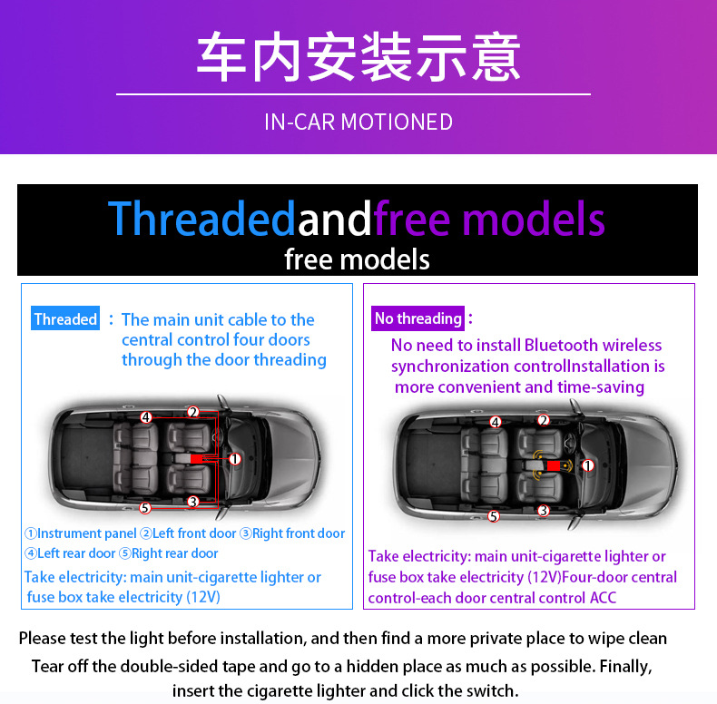 Thuning-free car atmosphere lamp optical fiber line cold light 64 color car atmosphere lamp APP control application