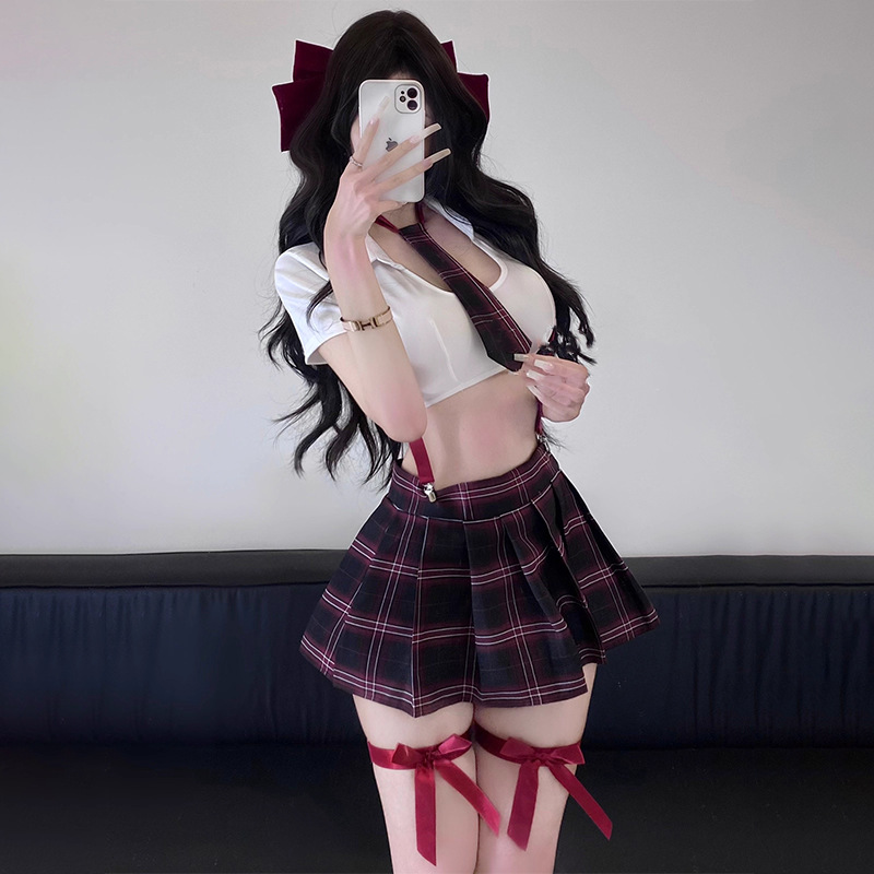 Rose Cloud Sexy Lingerie with Bow Tie, Student Uniform Temptation, Short Plaid Skirt, Sexy Suspenders, Student Outfit Temptation