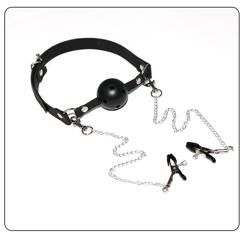 SM Mouth Gag and Nipple Clamp Set in Black Leather and Metal for Adult Bondage Play — detail image 16