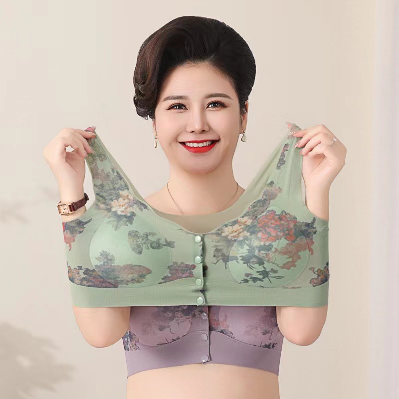 Ropa interior de mediana edad, tipo de botón abierto de la parte delantera de la mujer, bra anti-caída, soporte superior cómodo, ropa interior impresa sin marcas, delgada image 1