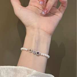 三色方糖锆石珍珠手链 4-5mm 天然高品质淡水珍珠尾部可抽拉调节