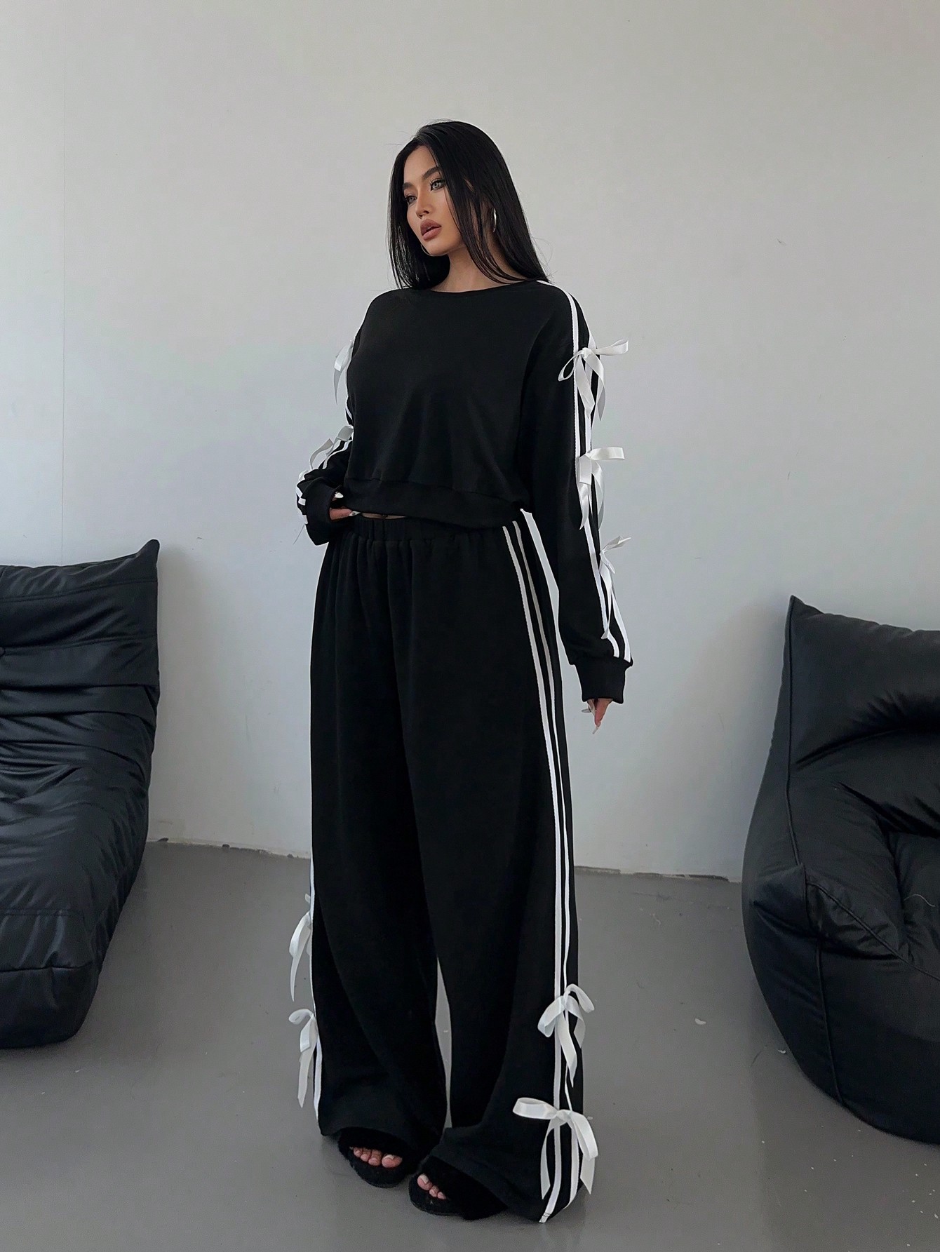 Plus Size Fashionable Casual Style Bow Design Women's Set Autumn Winter Style_ecoleips.com