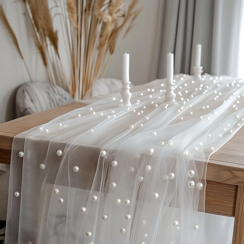 Cross-Border Table Runner Amazon Pearl Tulle Table Runner Holiday Party Wedding Decoration Tablecloth Outdoor Table Decoration
