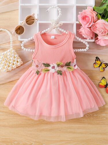 INS Baby and Toddler Girls Summer Sleeveless Waist Embellished with Flowers and Mesh Sweet Dress Trendy