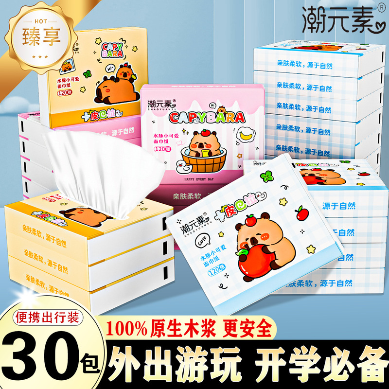 Cartoon Portable Tissue Paper Printed Tissue Paper Student Small Pack Virgin Wood Pulp Dry and Wet Dual-Use Full Box of Tissue Paper