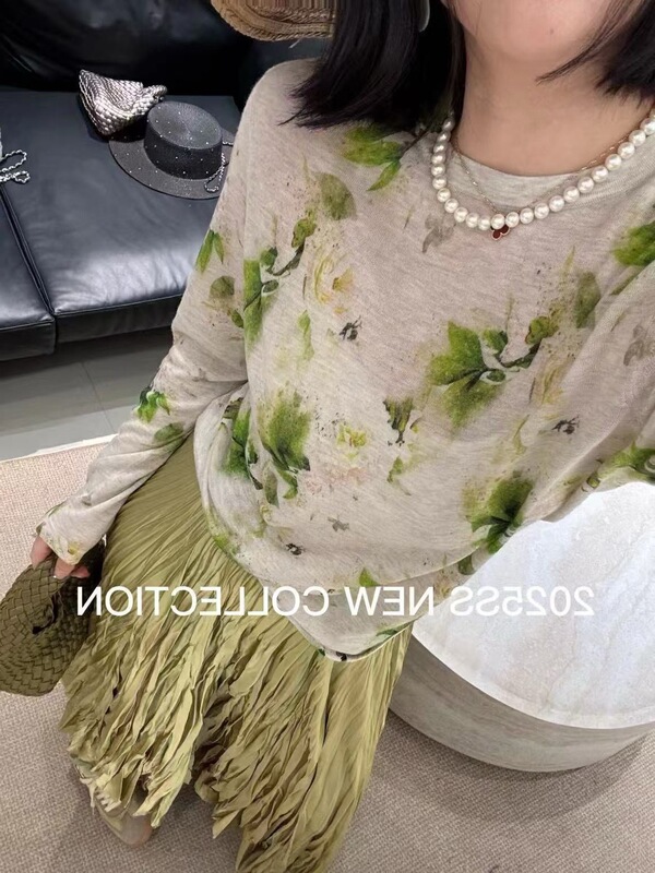 Transform into a Paper Figure in Seconds~O~Soft Water-Soluble Wool Round Neck Long-Sleeved Women's Loose Slimming Look Versatile Bottoming Shirt Top Spring