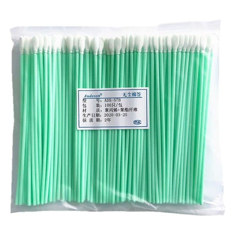 Удлиненная беспыльная ткань со средней плоской головкой, Зеленый стержень, ватный тампон, линза, оптическое волокно, протирочная палочка для очистки полиэфирного волокна, без выпадения пыли