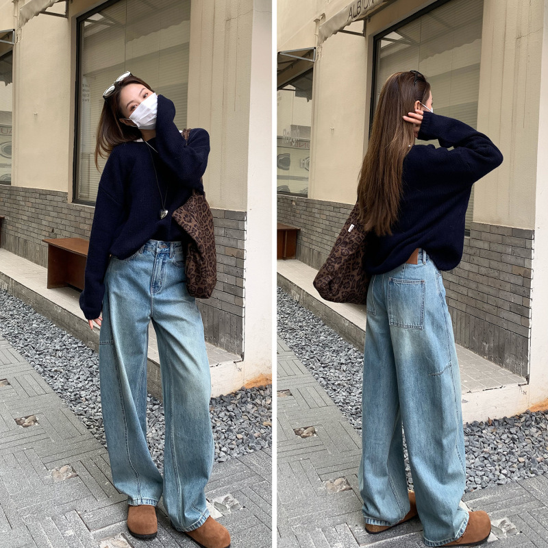 本期主推~显瘦宽松阔腿弯刀牛仔裤女2025秋季新款直筒镰刀拖地裤|undefined