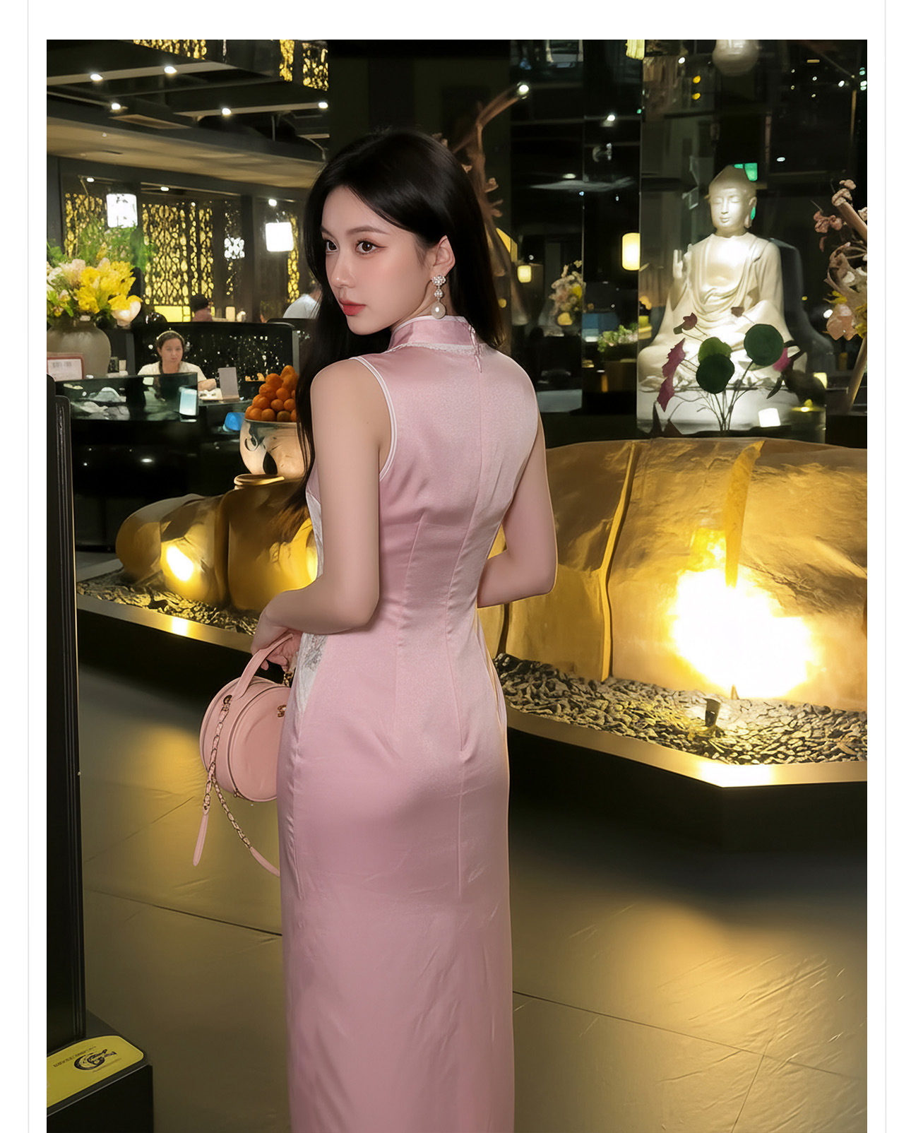 Đầm maxi nữ thắt eo cổ đứng thêu hoa phong cách Trung Hoa mùa hè — màu hồng chi tiết 10