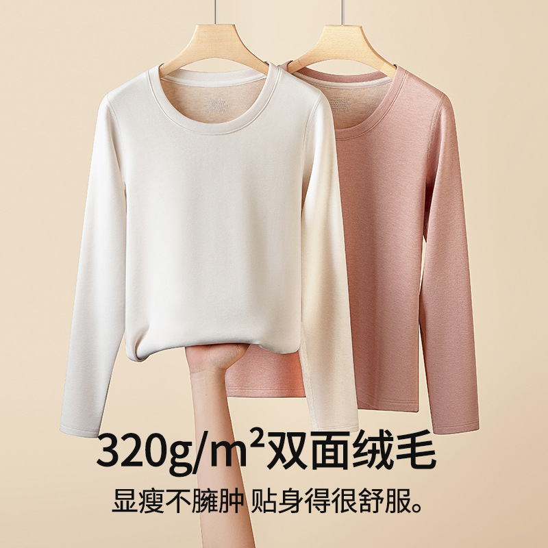[Con lana] Nueva camisa de fondo de terciopelo de seda de otoño e invierno para mujer transfronteriza, cuello redondo, abrigo grueso en stock