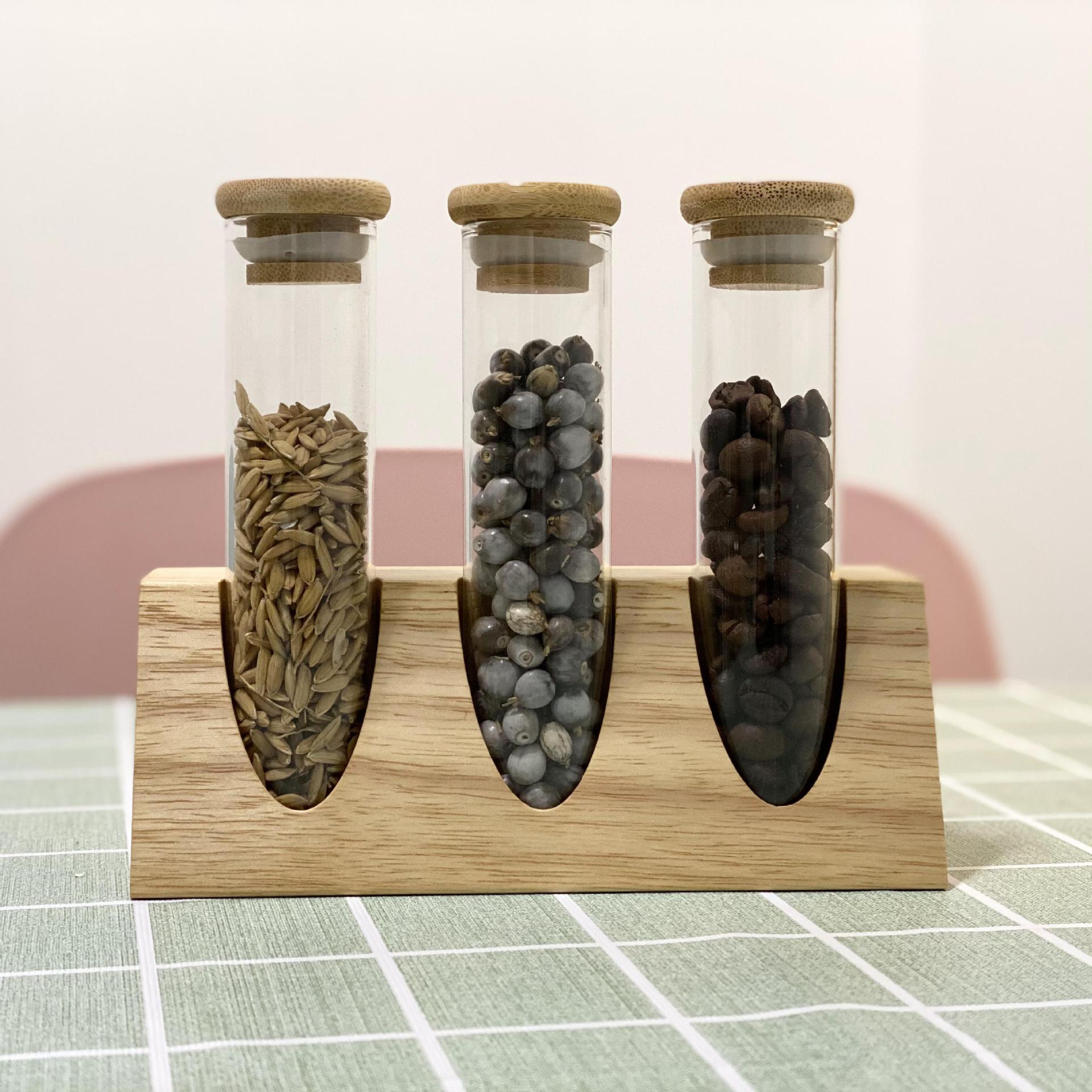 Tubo de ensayo de vidrio de borosilicato estante de exhibición de madera maciza muestra té granos de café cocina clasificación de almacenamiento tanque de almacenamiento