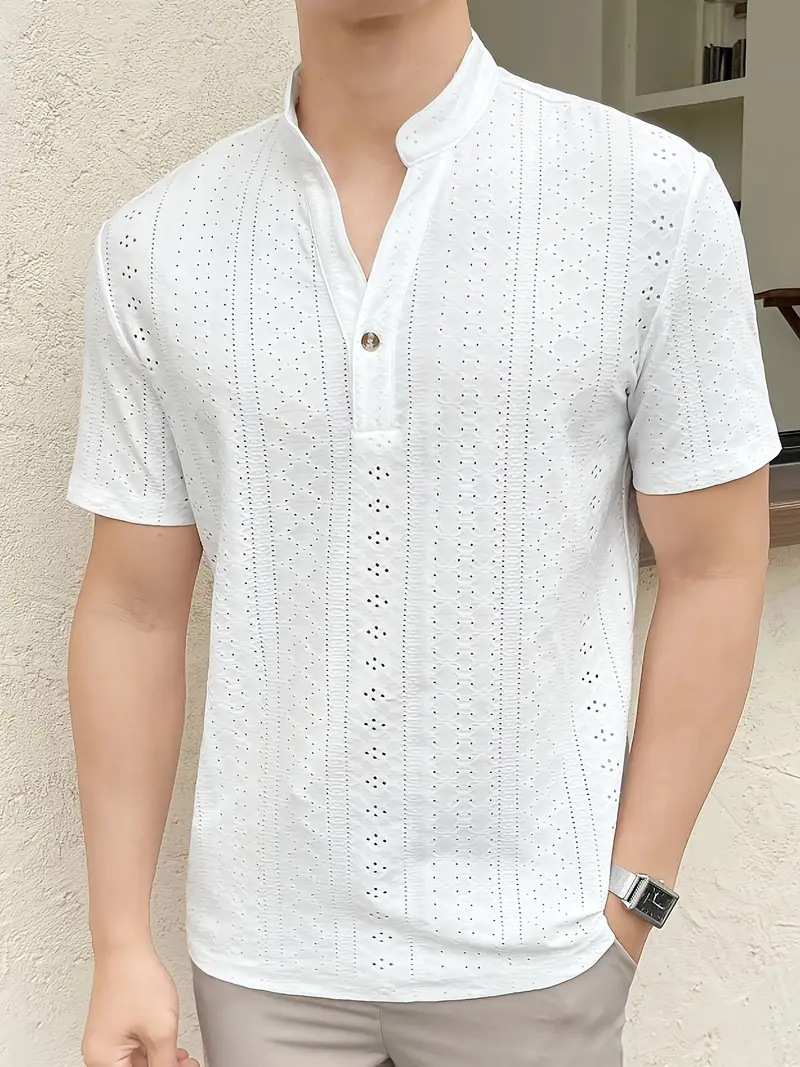 Men's Clothing Foreign Trade Summer New Men's Light Mature Style Hollow Solid Color Casual Short Sleeve Polo Shirt Tops Manufacturer_viptrois.com