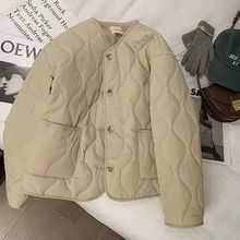 棉衣女2025秋冬新款宽松圆领菱格棉服粉色仿羊羔绒外套保暖棉服女