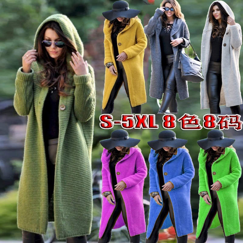 2021 European and American Amazon Wish autumn and winter loose knitted cardigan plus size sweater hooded mid-length coat