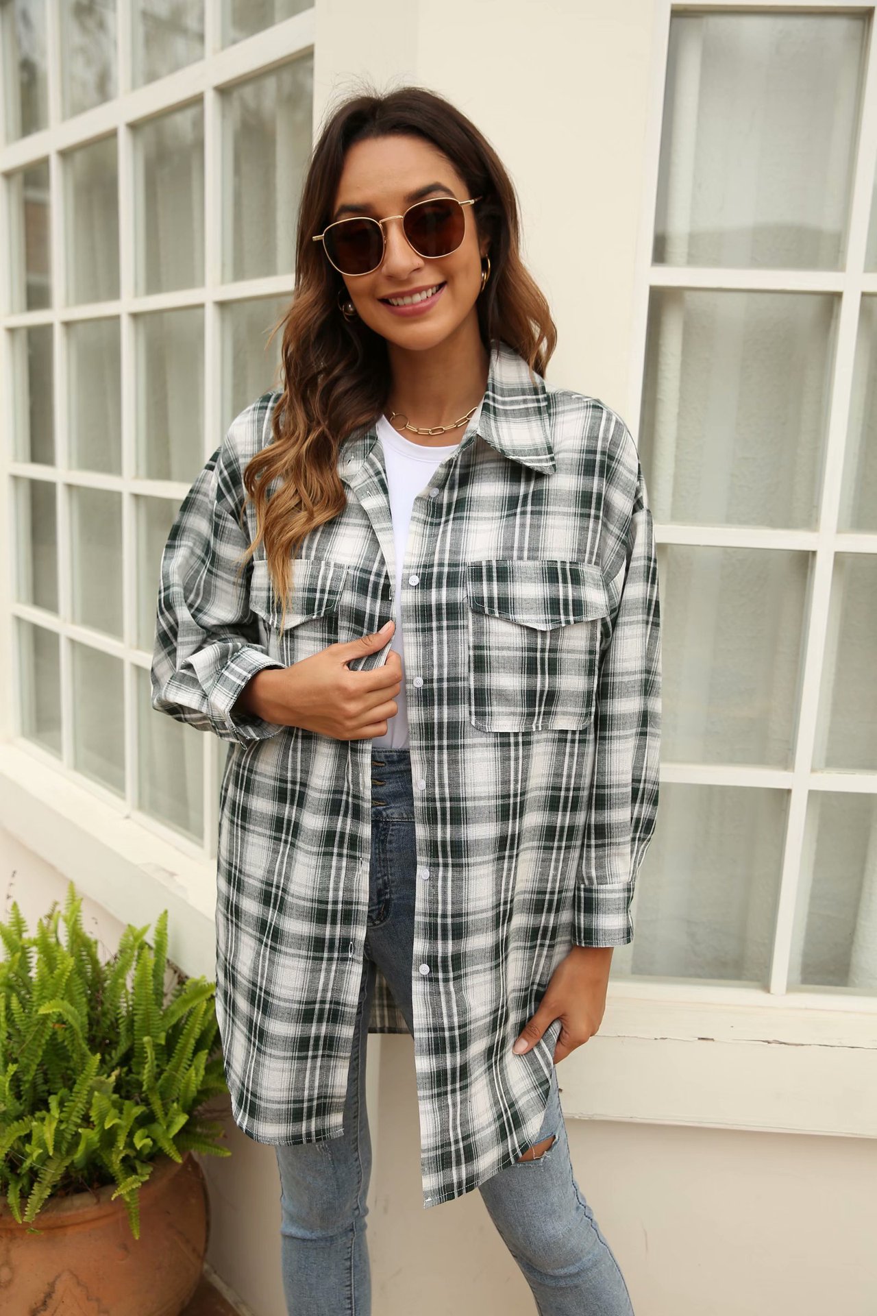 loose plaid lapel long-sleeved shirt NSAM42066