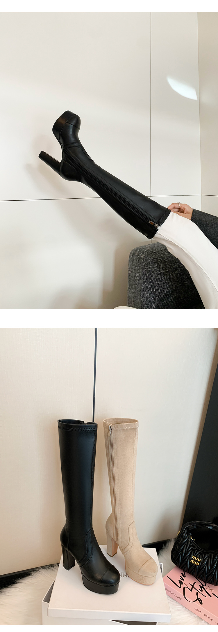 Boot nữ cổ cao ôm bắp chân gót 11cm đế platform mũi tròn — Quả mơ ống nhỏ đơn li, Lớp lót nhung lớn màu đen, Lớp lót nhung ống nhỏ màu mơ, Ống nhỏ màu đen đơn li chi tiết 19