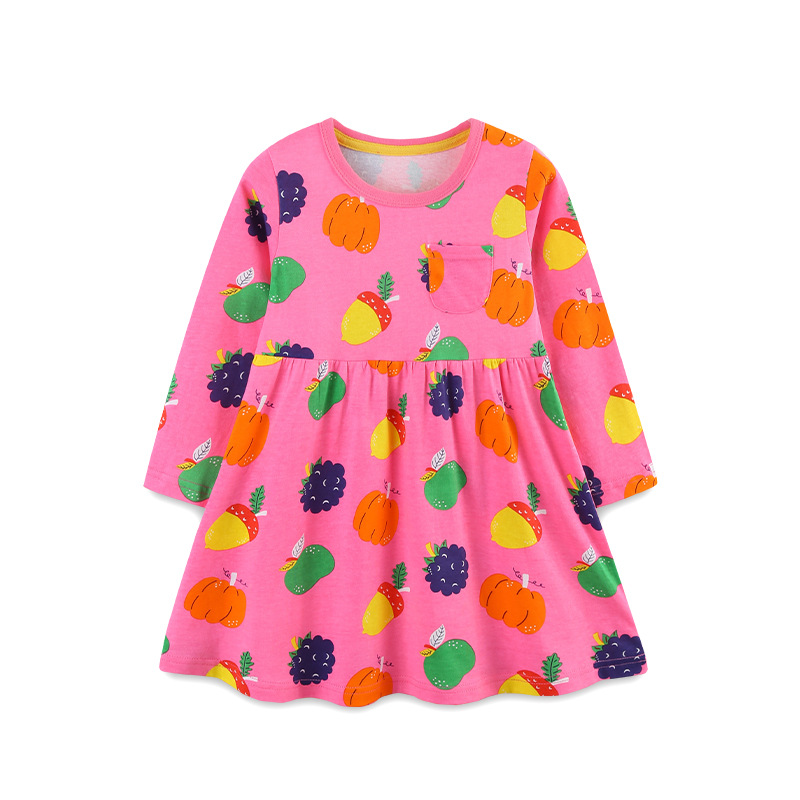 Otoño nuevo producto vestido de manga larga para niñas estilo europeo y americano estampado de dibujos animados vestido de princesa para niños vestido de algodón de punto cuello redondo para niños