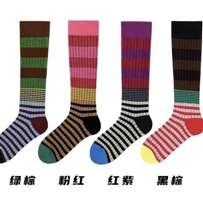 穿夏爆款复古美拉德风撞色条纹户外时尚显瘦长筒棉袜及膝袜堆堆袜|undefined