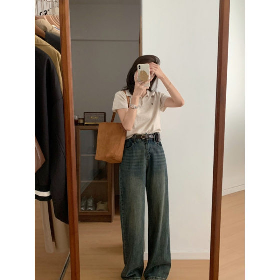 Polo Collar Knitted Right Shoulder Short-Sleeved T-Shirt Women's Summer New Small Malaf Embroidered Half-Sleeved Bottoming Top