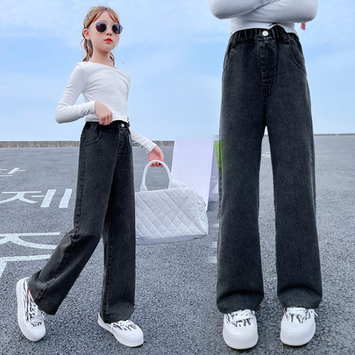 Girls' jeans spring and autumn fashion big children wide-legged pants thin straight-leg casual loose children's pants 