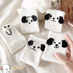 袜子女四季通用袜ins高颜值可爱立体黑白色小狗棉袜中筒女白袜