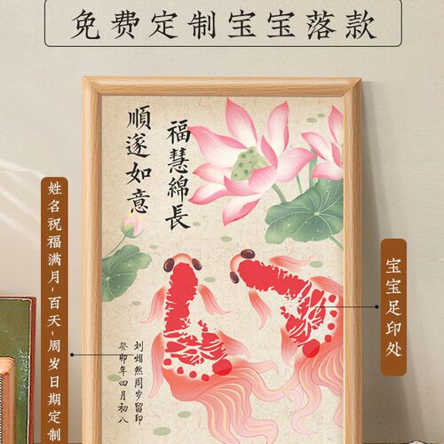 Baby's one-year-old hand and foot prints, hundred days full moon, hand and foot prints photo frame, new koi print mud, calligraphy and painting, table gift commemoration