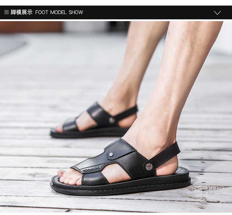 Dép sandal nam quai ngang hở ngón chất liệu da PU chống trơn, size lớn đi ngoài trời — Kaki, Màu xám, Đen toàn bộ, Đỏ rượu chi tiết 10