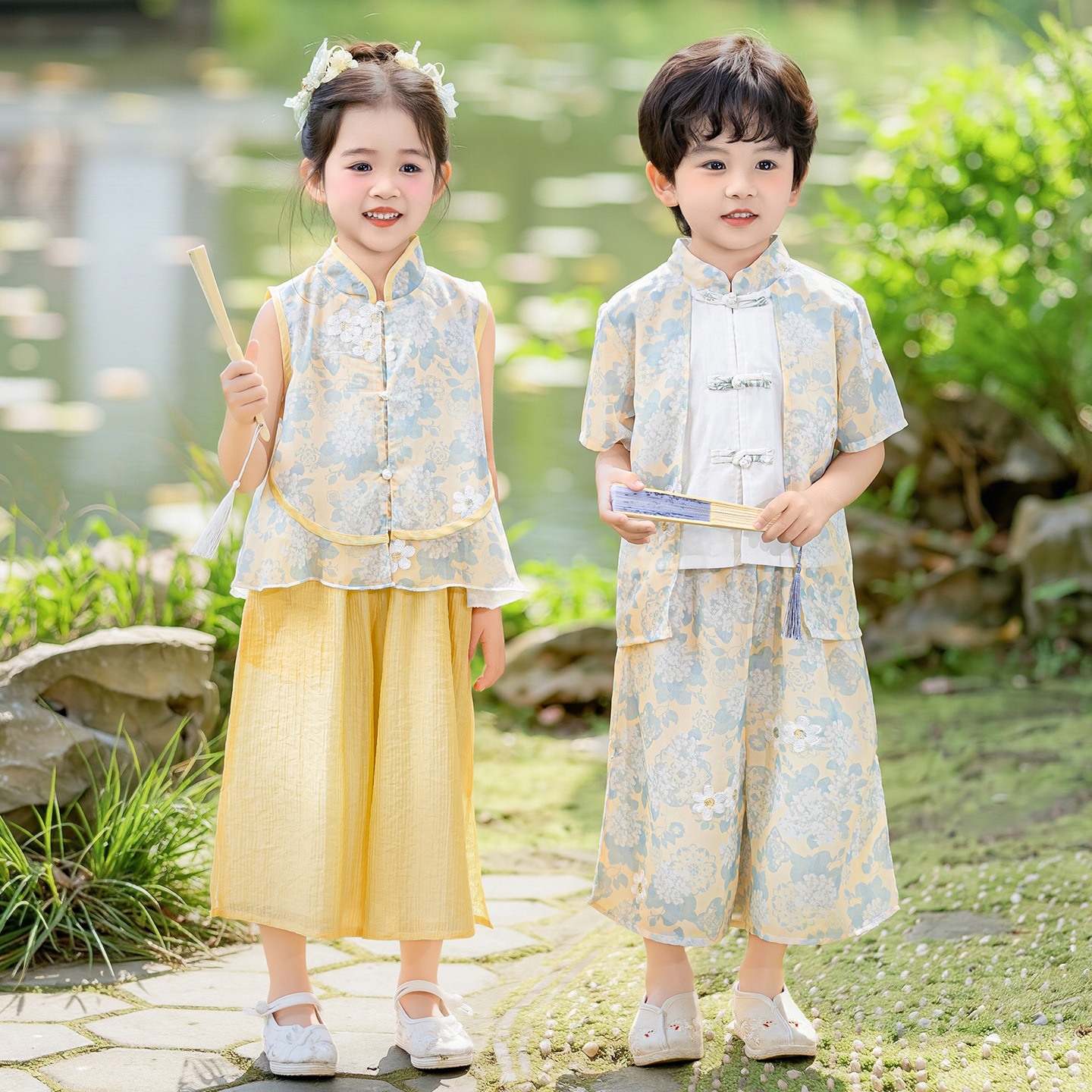 儿童新中式汉服国风演出服六一古诗词朗诵女童端午节服装男童唐装