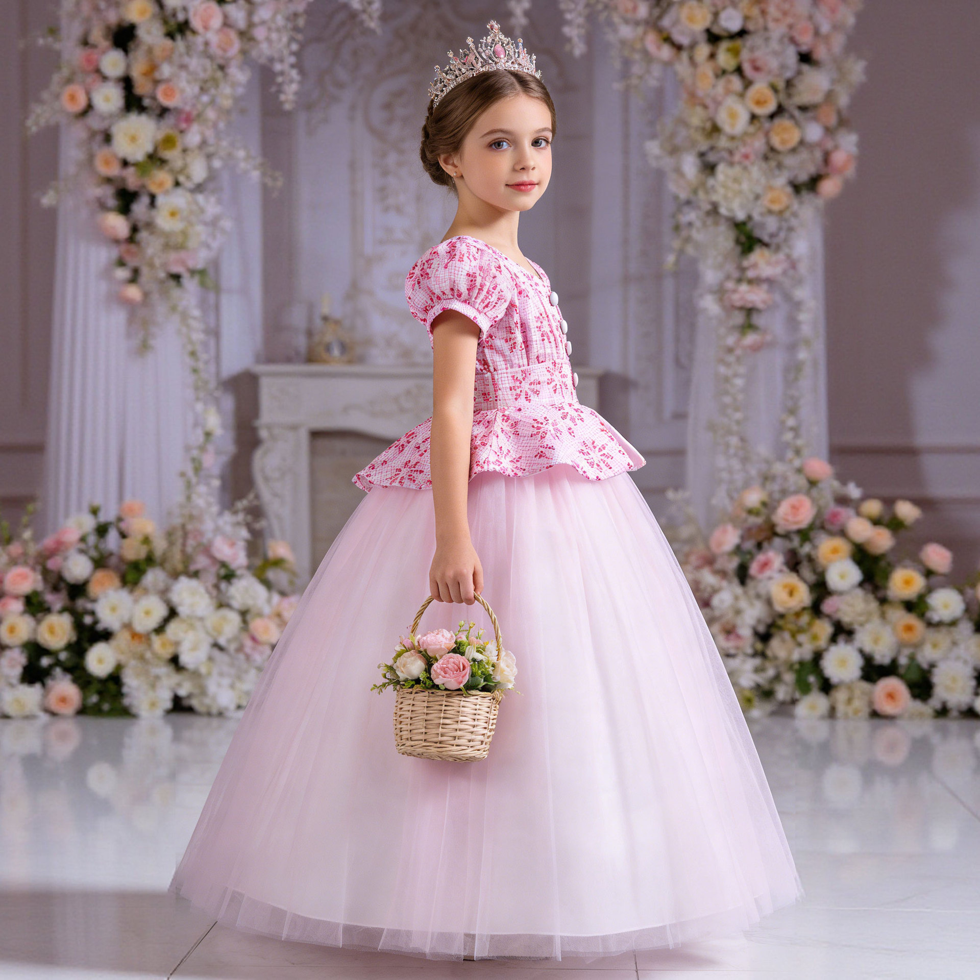 Transfronterizo nuevos niños princesa vestido houndstooth costura malla mullido vestido puff manga niñas etapa traje