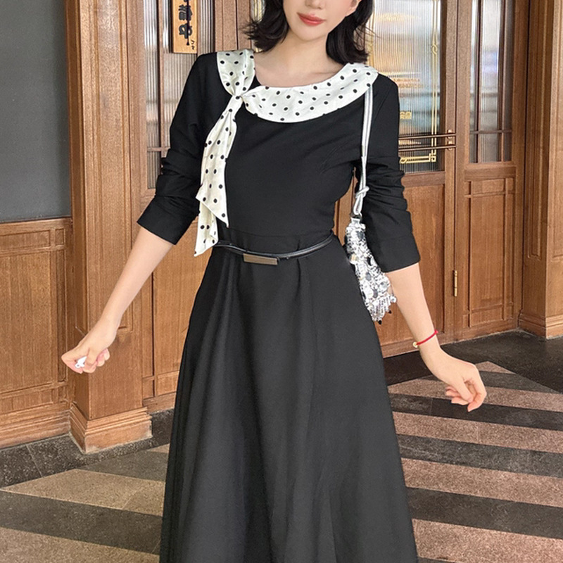 赫本显瘦【南艺】法式气质波点飘带领拼黑色连衣裙女高ji感收腰裙|undefined