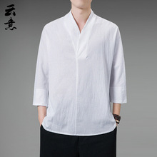 夏季中国风亚麻汉服男V领复古风七分袖T恤居士服中式棉麻禅意茶服