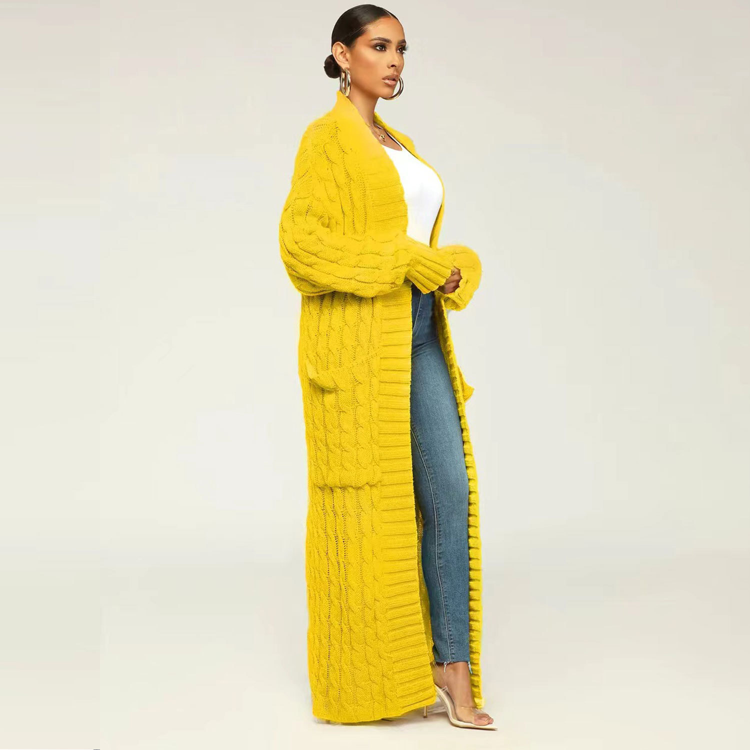 Damen Strickjacke Lang Aus Grobstrick In Unifarben Wintermantel_voghion.com