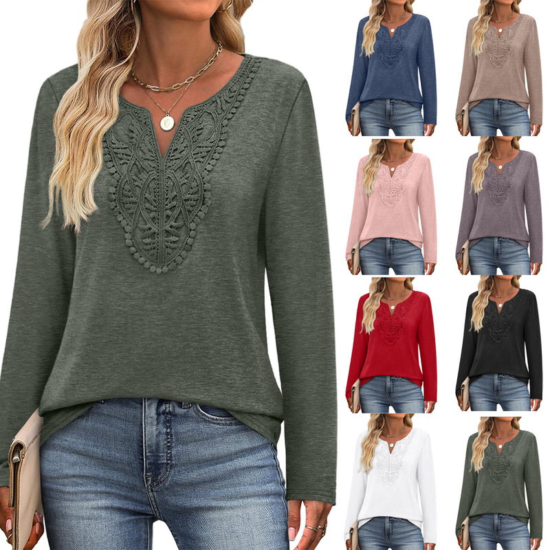 Amazon 2026 European and American Cross-Border Autumn New Bohemian Style Loose-Fitting Women's Lace V-Neck Long-Sleeved T-Shirt