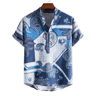 AliExpress 2021 new pattern Men's Stand collar Flax Short sleeved shirt Ethnic style printing shirt A generation of fat