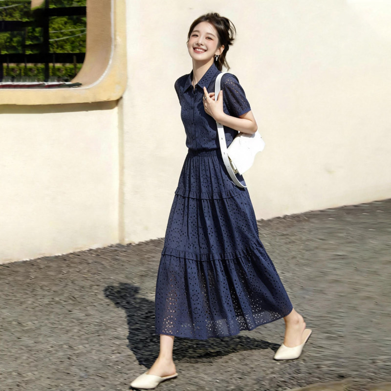 French-Style Blue Hollow-Out Shirt Dress for Women, 2026 Summer New Design, Unique and Beautiful, Waist-Cinching Long Dress French-Style Blue Hollow-Out Shirt Dress for Women, 2026 Summer New Design, Unique and Beautiful, Waist-Cinching Long Dress