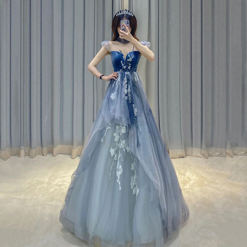 Vestido Azul 2025, Nuevo Estilo de Otoño, Manga con Volantes, Vestido Largo de Fiesta para Eventos Sociales, Ceremonia de Mayoría de Edad, Examen de Arte, Banquete, Vestido de Noche