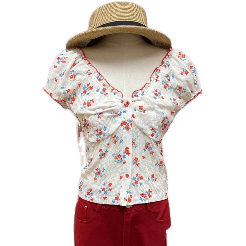 Thirteen Lines 2025 新しい夏スタイルフレンチ V ネックプリーツ耳半袖花柄シャツ女性のためのショートトップ|undefined