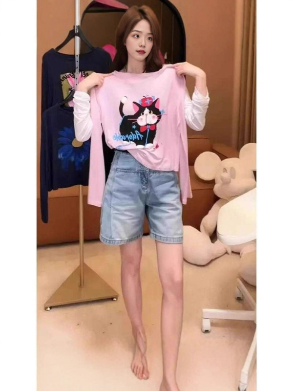 芯娇晴粉色猫咪印花长袖防晒T恤女夏季2025宽松显瘦冰丝薄款上衣|undefined